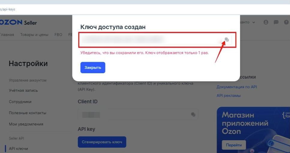 Окно «Ключ доступа создан» в кабинете Ozon